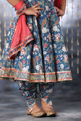 Blue Jaipuri Double Print Anarkali with Dhoti Salwar Suit Set