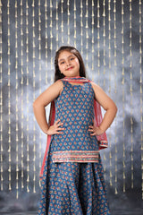 Blue Jaipuri Double Print Short Kurti with Flared Palazzo Suit Set