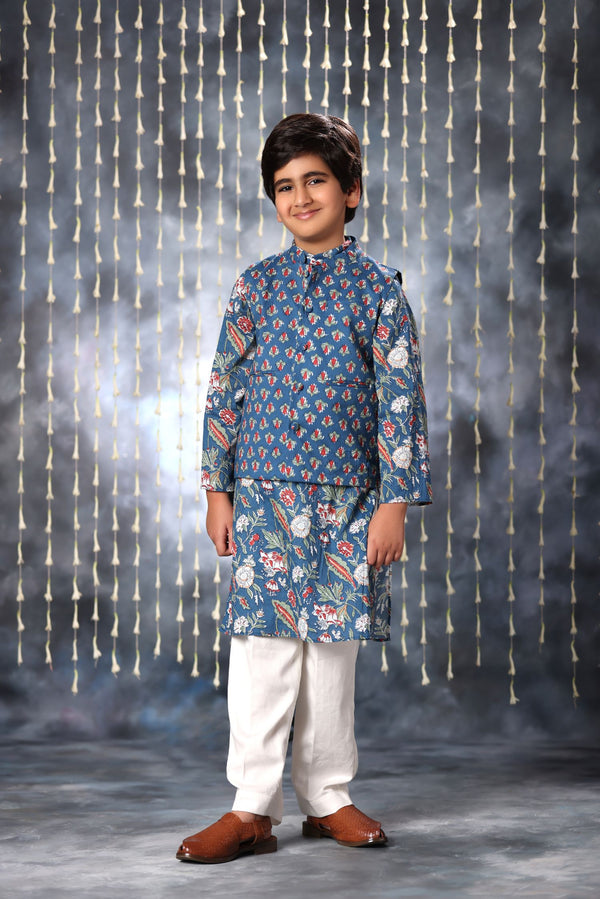 Blue Jaipuri Handblock Floral Print Kurta with white Pant Co-ord Set and Blue Buti Jacket