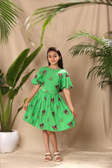 Green Butterfly Embroidery Fit and Flare Dress with Circular Sleeves