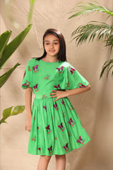 Green Butterfly Embroidery Fit and Flare Dress with Circular Sleeves