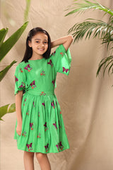 Green Butterfly Embroidery Fit and Flare Dress with Circular Sleeves