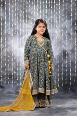 Grey Jaipuri Double Print Anarkali with Palazzo Suit Set