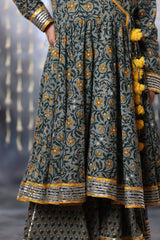 Grey Jaipuri Double Print Anarkali with Palazzo Suit Set