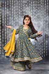 Grey Jaipuri Double Print Anarkali with Palazzo Suit Set