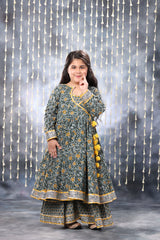 Grey Jaipuri Double Print Anarkali with Palazzo Suit Set