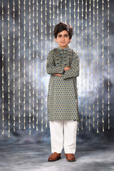 Grey Pintucks Neck Panel Kurta with White Pant Co-ord Set