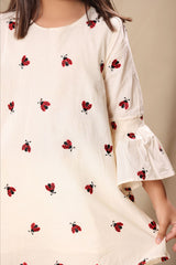 Off White Ladybug Tunic Top and Solid Bottom with Ladybug Lace Border Co-ord Set