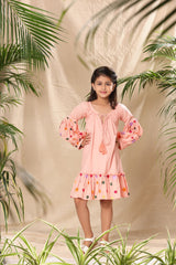 Pink A-Line Tier Attachment Dress with Lantern Sleeve Floral Embroidery