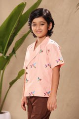 Pink Half Side Birds Embroidered Blazer Style Shirt