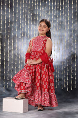 Red Jaipuri Double Print Long Kurta Frock Suit Set