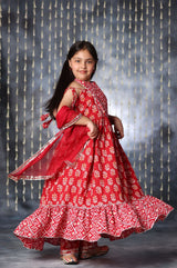 Red Jaipuri Double Print Long Kurta Frock Suit Set