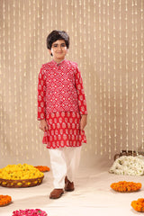 Red Jaipuri Handblock Floral  Print Long Kurta Co-ord Set with Red Ikat Print Jacket