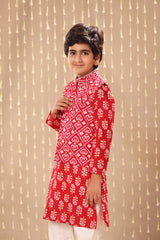 Red Jaipuri Handblock Floral  Print Long Kurta Co-ord Set with Red Ikat Print Jacket