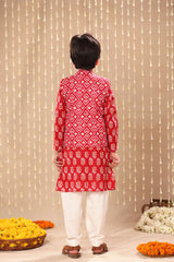 Red Jaipuri Handblock Floral  Print Long Kurta Co-ord Set with Red Ikat Print Jacket