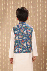 White Kurta Pyjama Co-ord Set with Blue Jaipuri Floral Print Jacket