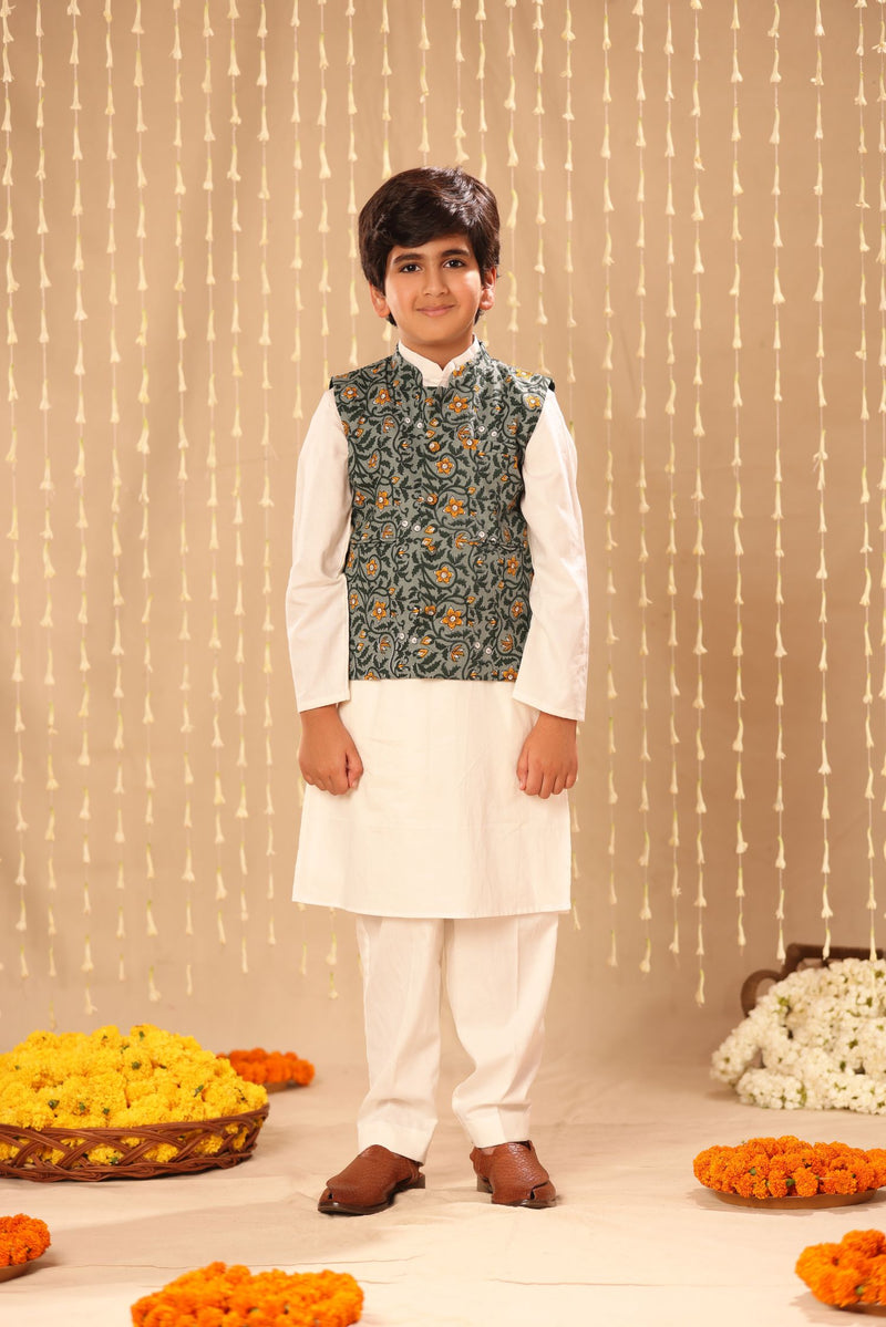 White Kurta Pyjama Co-ord Set with Grey Jaipuri Floral Print Jacket