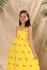 Yellow Birds Embroidered Maxi Dress with Bottom Tier