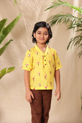 Yellow Flamingo No Collar Short Kurta