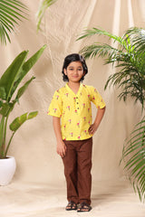 Yellow Flamingo No Collar Short Kurta