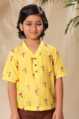 Yellow Flamingo No Collar Short Kurta