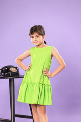 GREEN A-LINE RUFFLED TIERED SLEEVELESS DRESS