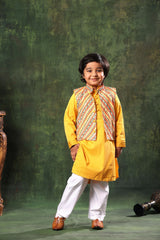 Linear Print Jacket with Mustard Kurta and White Pyjama