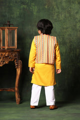 Linear Print Jacket with Mustard Kurta and White Pyjama