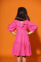 PINK TWO TIERED BALLOON SLEEVES DRESS