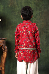 Floral Print Jacket On Red Printed Kurta And Salwar