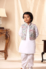 White Floral Print Jacket with White Kurta Co-ord Set