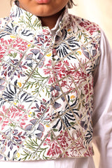 White Floral Print Jacket with White Kurta Co-ord Set