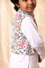 White Floral Print Jacket with White Kurta Co-ord Set