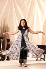Navy Blue Embellished Kurta and Pant with Printed Shrug