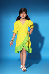 YELLOW GREEN RUFFLED TRIM WRAP DRESS