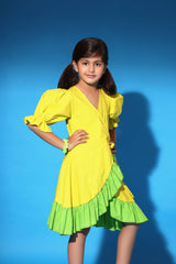 YELLOW GREEN RUFFLED TRIM WRAP DRESS