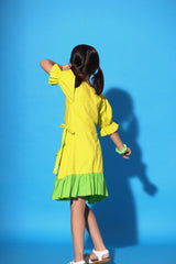 YELLOW GREEN RUFFLED TRIM WRAP DRESS