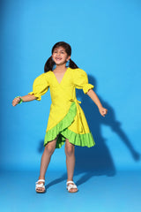 YELLOW GREEN RUFFLED TRIM WRAP DRESS