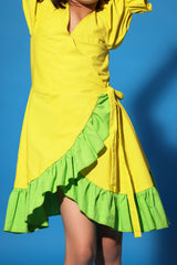YELLOW GREEN RUFFLED TRIM WRAP DRESS