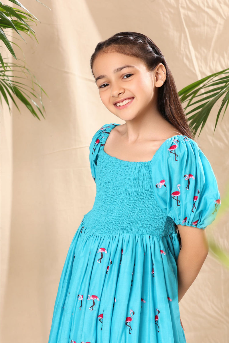 Blue Flamingo Embroidered Balloon Dress