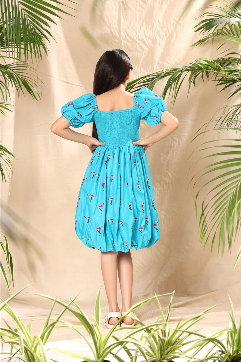 Blue Flamingo Embroidered Balloon Dress