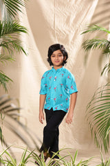 Blue Flamingo Embroidered Raglan Sleeve Mandarin Collar Shirt