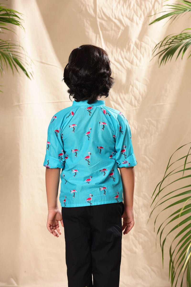 Blue Flamingo Embroidered Raglan Sleeve Mandarin Collar Shirt