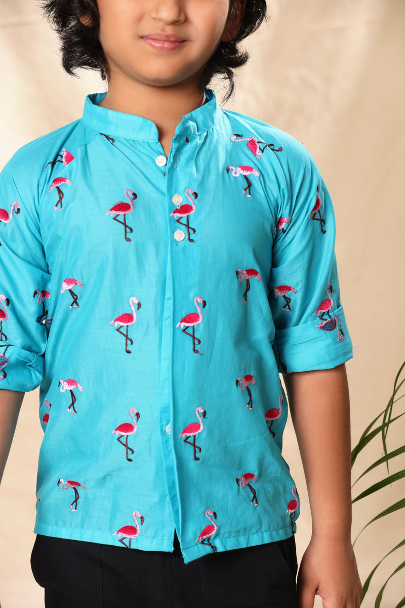 Blue Flamingo Embroidered Raglan Sleeve Mandarin Collar Shirt