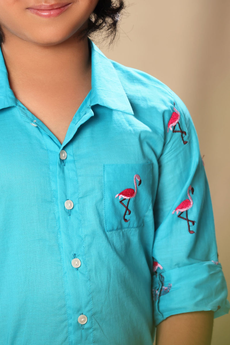 Blue Flamingo Embroidered Sleeves Shirt