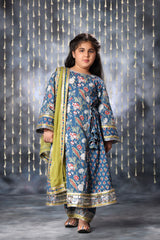 Blue Jaipuri Double Print Long Kurta Suit Set