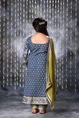 Blue Jaipuri Double Print Long Kurta Suit Set