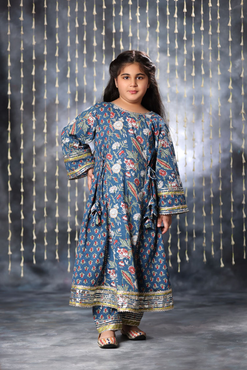 Blue Jaipuri Double Print Long Kurta Suit Set