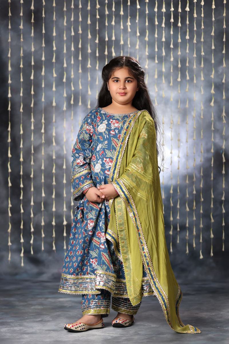 Blue Jaipuri Double Print Long Kurta Suit Set