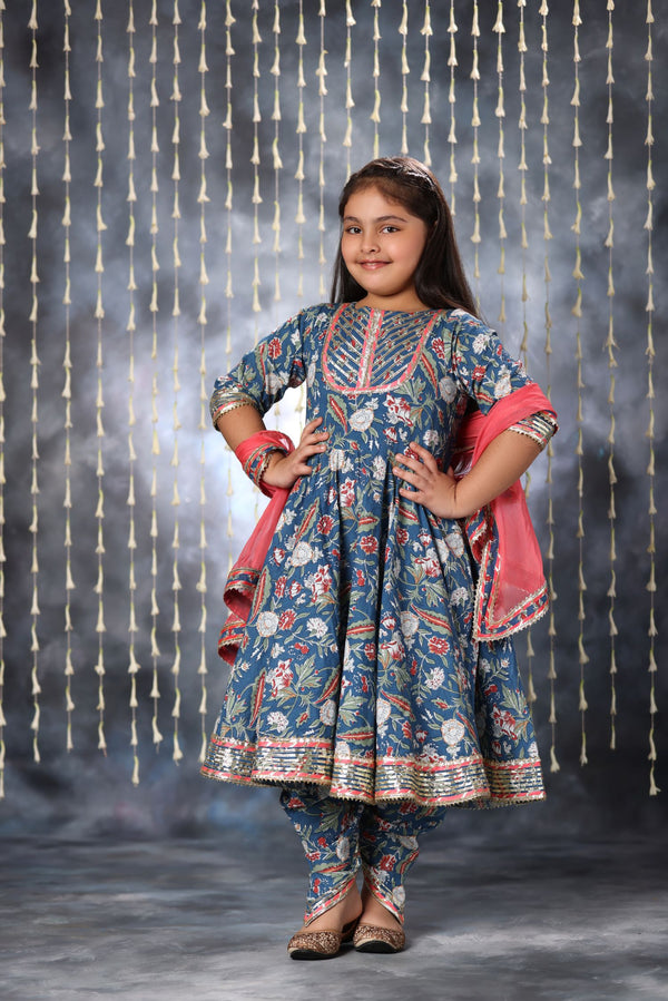 Blue Jaipuri Double Print Anarkali with Dhoti Salwar Suit Set